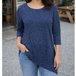 J.Jill Medium P $89 Navy White Stripe Hemp Cotton Asymmetric Split Hem 3/4 Tunic